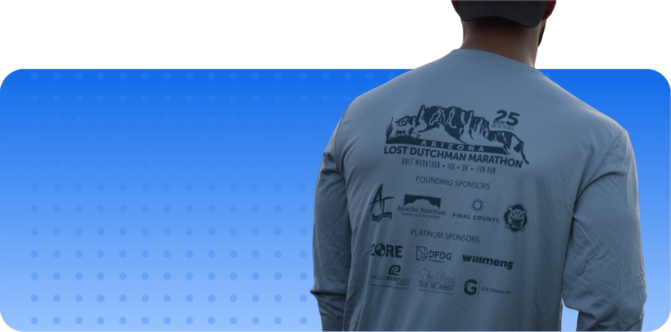 GGS Consulting listed as a Platinum Sponsor on the Lost Dutchman Marathon shirt